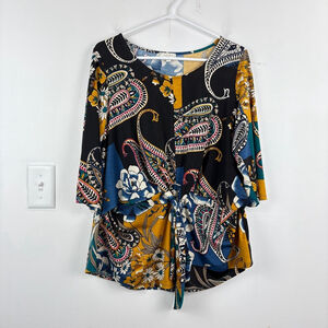 Laura Paisley Black and Blue Asymmetrical Tie Front Blouse Stretchy